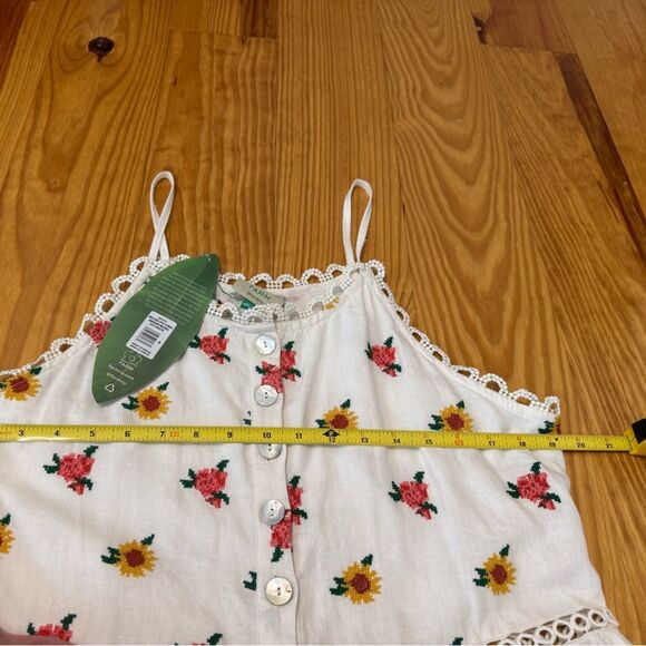 NWT Farm Rio White Linen Blend Mixed Cross Stitch Flowers Midi Dress M - Picture 12 of 16